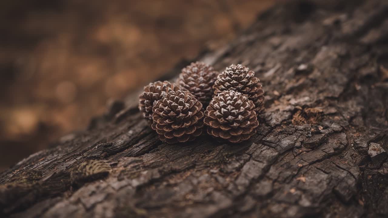 Shifting camera focus revealing cluster of five pine cones on fallen log bark on forest floor
