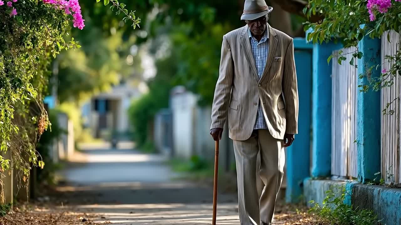 A man in a suit and hat walking down a street with a cane