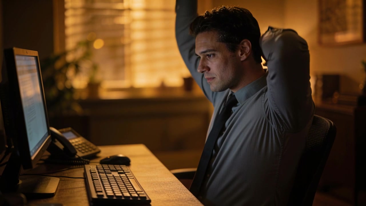 Reading man at desk in tie rubbing neck from fatigue, stretching, resuming typing on keys