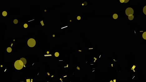 Animation-of-confetti-and-yellow-light-spots-pattern-moving-on-black-background