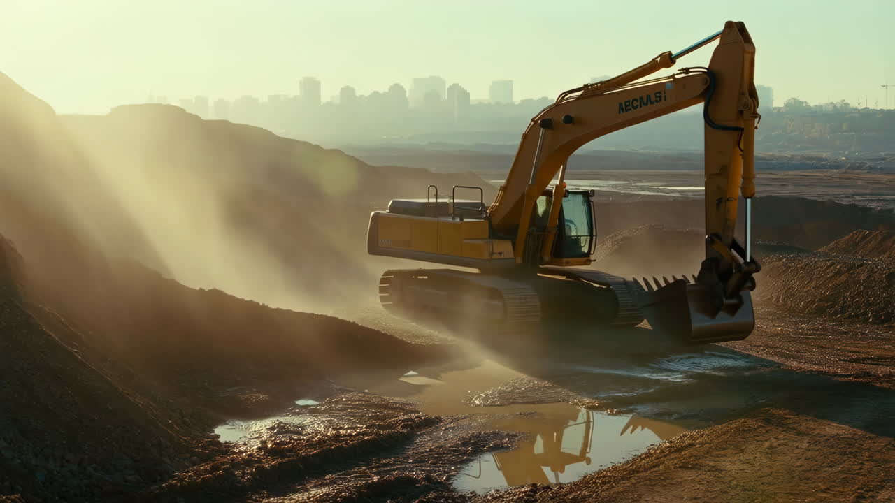 Excavator at a Dusty Construction Site with City Skyline in Background