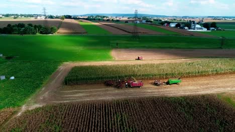 Granjeros-Amish-Cosechando-Cultivos-De-Otoño-Vistos-Por-Un-Dron