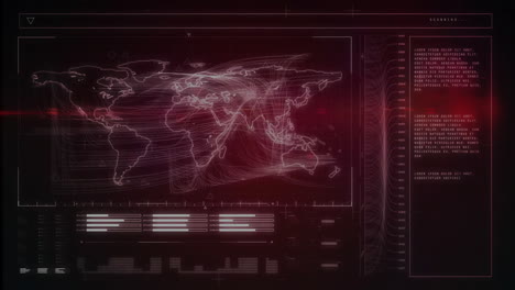 Animation of world map and data processing on black background