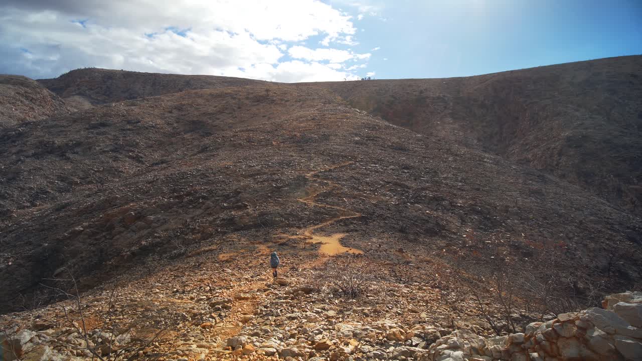 una persona camina por un sendero sinuoso a través de un paisaje estéril, en el centro de australia.