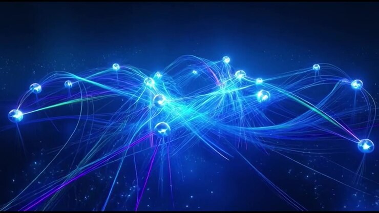 Abstract Digital Network Connection with Glowing Blue Nodes and Light Trails