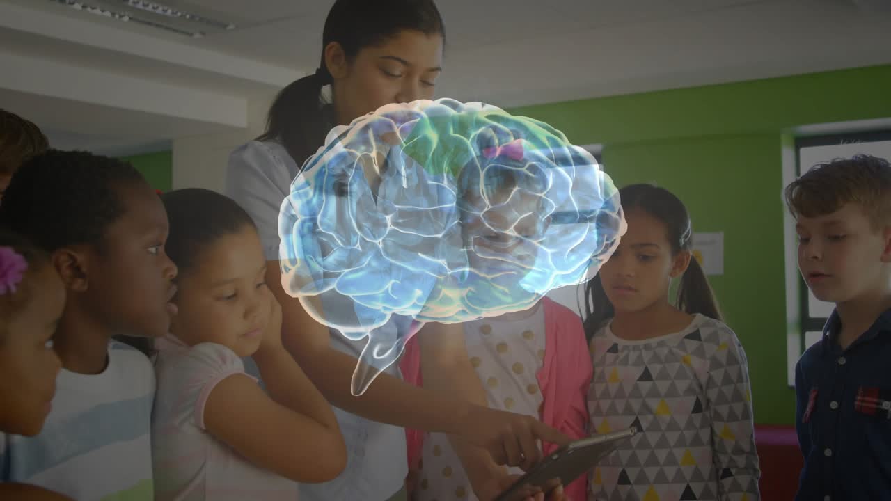 Teacher tapping tablet, guiding kids in learning, hologram brain hovering above group