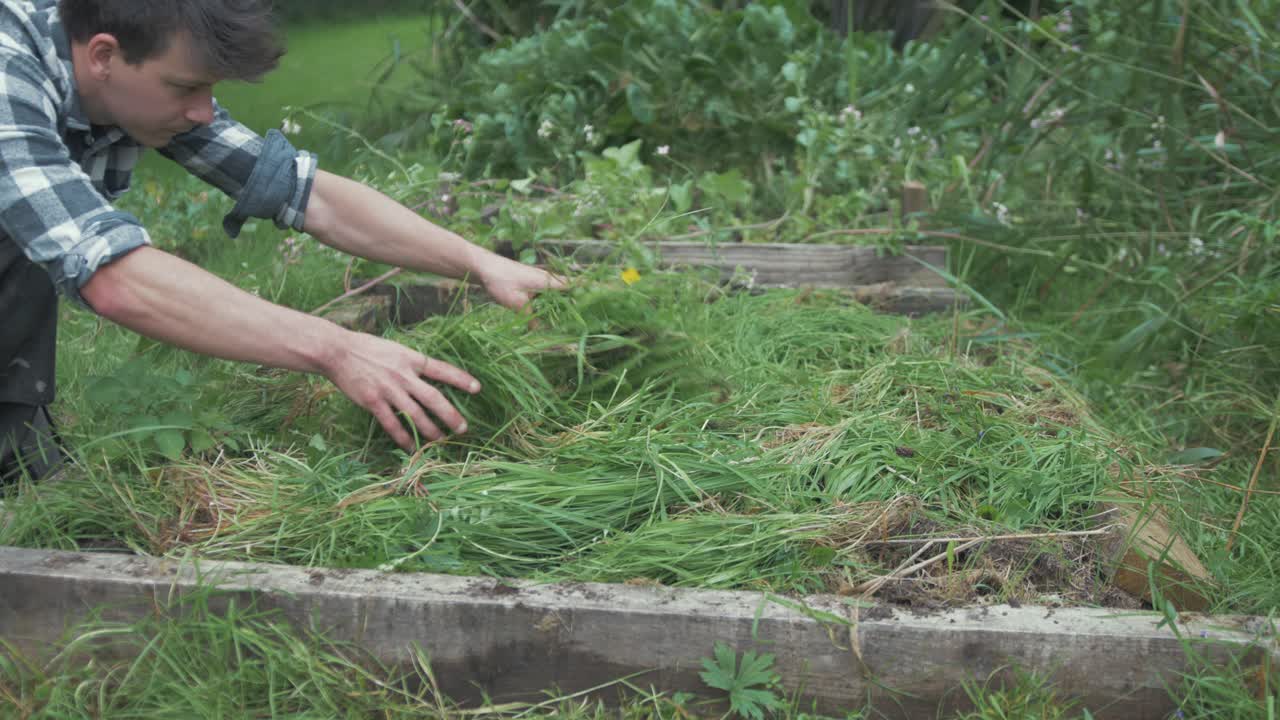 joven jardinero extendiendo mantillo sobre una cama de jardín elevada