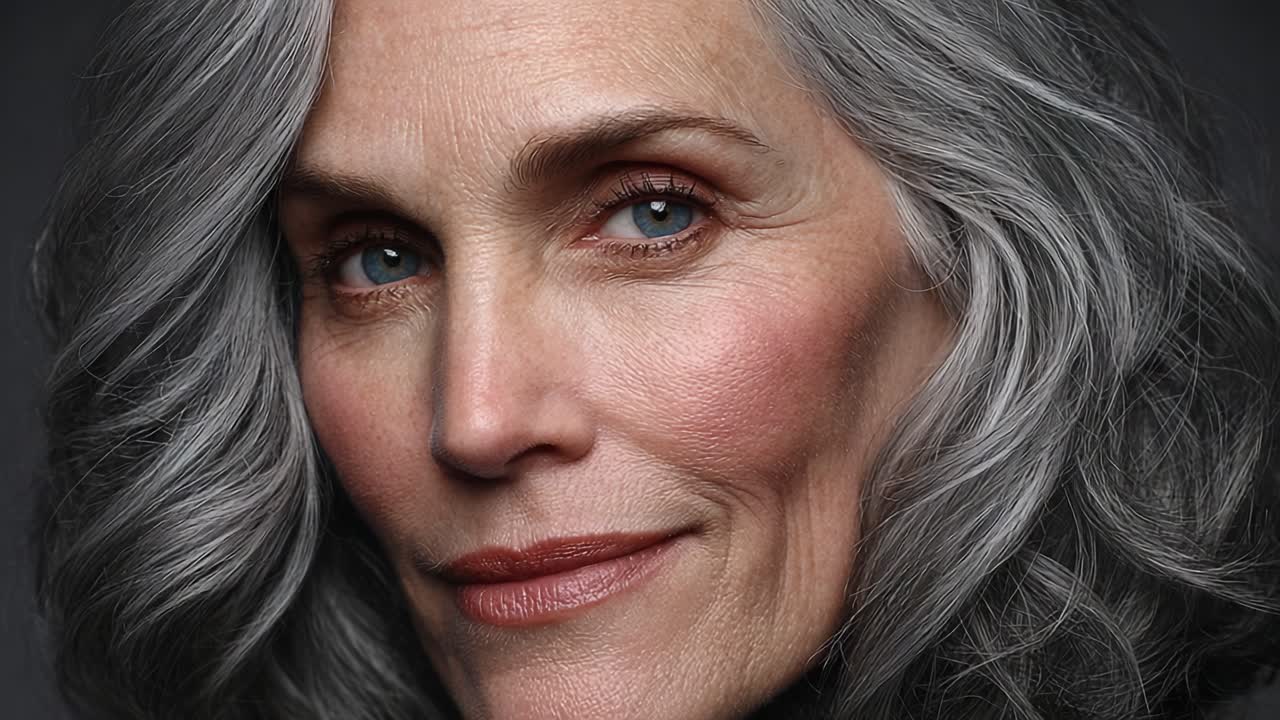 Captivating Portrait of a Mature Woman with Striking Grey Hair and Expressive Eyes, Showcasing Timeless Beauty and Elegance in a Softly Lit Environment