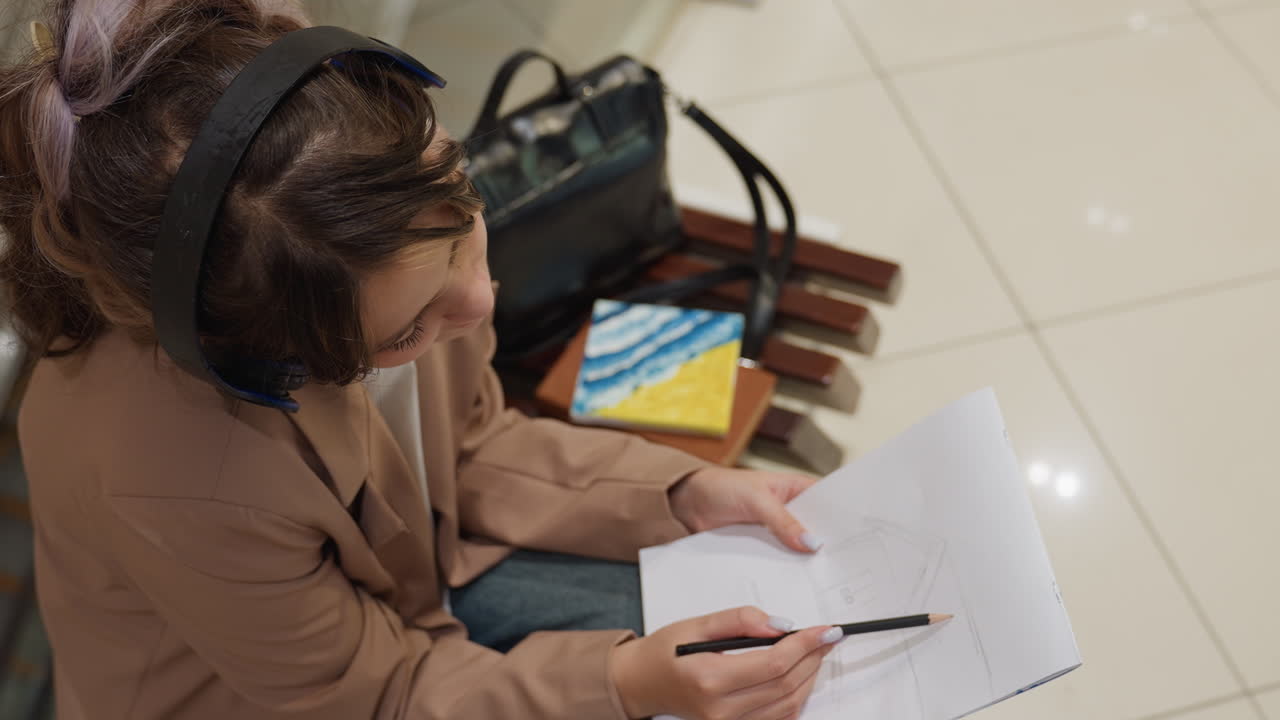 mujer leyendo un guion, joven ensayando una voz en off, mujer preparando apuntes para practicar la voz en off en un centro comercial, joven sentada en un banco del parque revisando un guion con auriculares