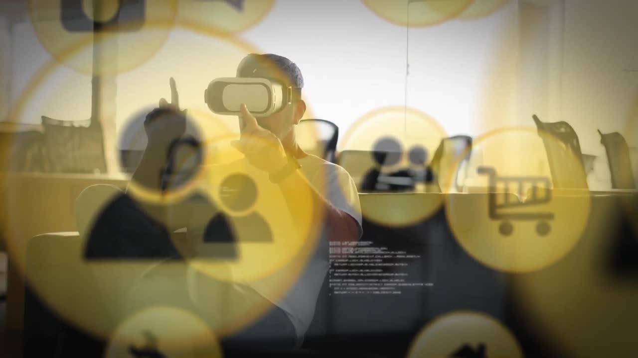 데이터 처리 및 아이콘의 애니메이션 카우카시안 맨 vr 헤드을 사용하여