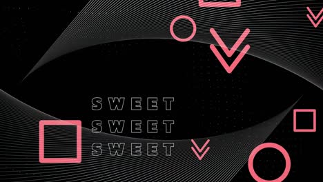 animación de texto dulce sobre formas rosadas que caen