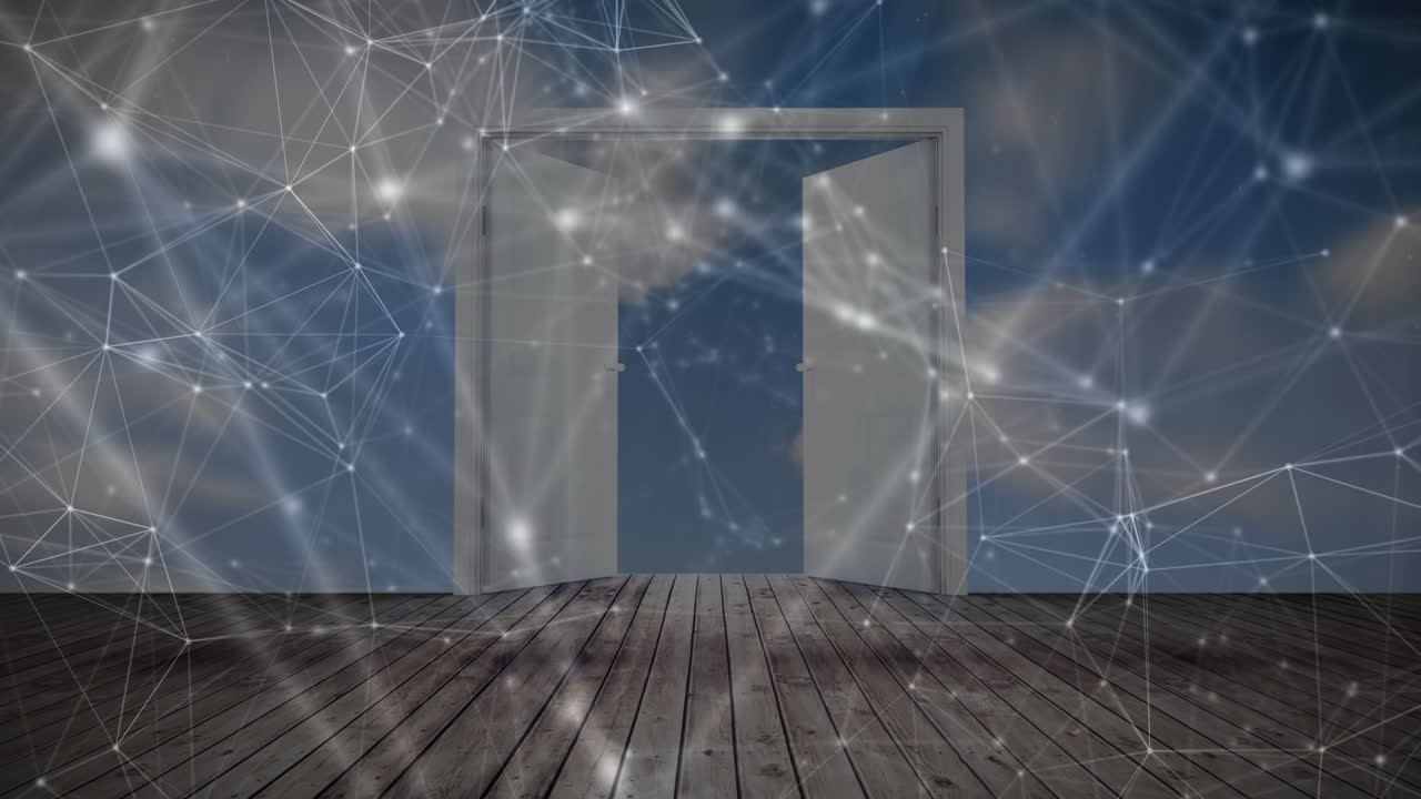 하늘의 구름에 대항하여 나무판에 문이 열리는 곳에서 회전하는 연결 네트워크의 애니메이션