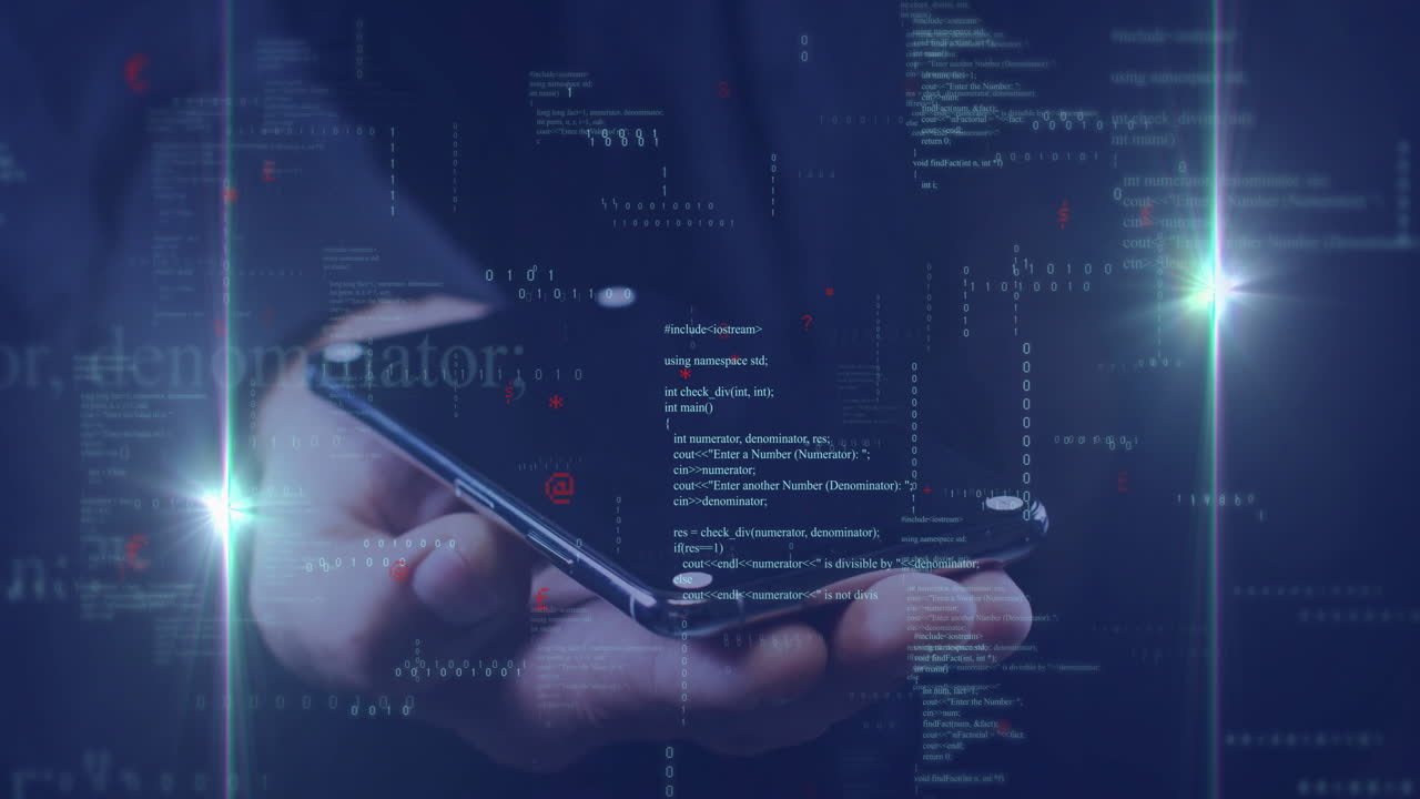 Hand holding smartphone with digital code and data processing animation overlay