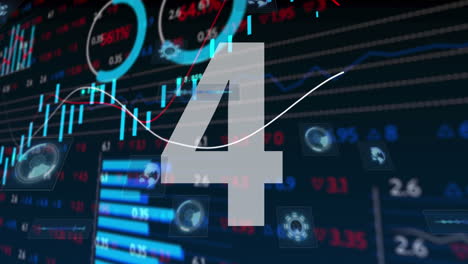 numbers countdown against stock market data processing on blue background