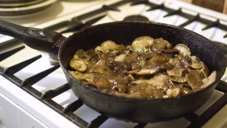 the cook stirred the mushrooms in the pan 02