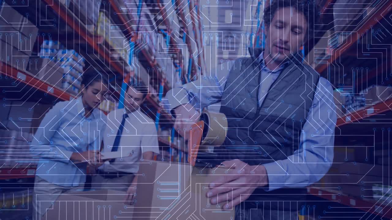 Composizione Magazzino Persone che lavorano nel magazzino combinata con animazione di connessio