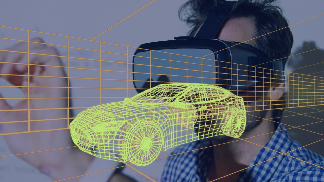 анимация цифрового 3d-рисунка машины над человеком с помощью vr-гарнитуры
