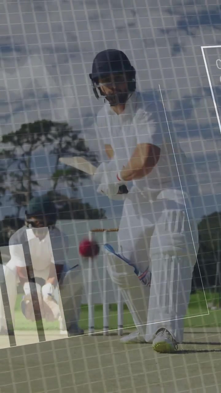 Video vertical: Bateador frente a la bola entrante, realizando un golpe mientras gráficos HUD recopilan datos deportivos.