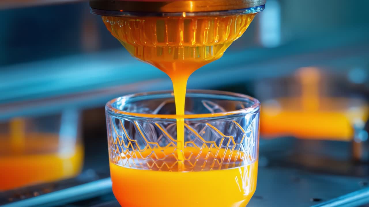 Estrazione di succo d'agrumi appena spremuto: un primo piano del processo di spremitura che cattura ogni goccia di vibrante liquido arancione che si versa in un bicchiere