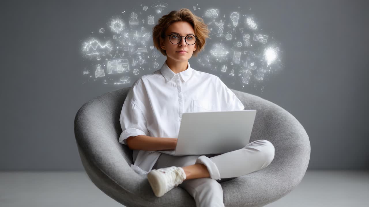 A Thoughtful Individual Engaged in Creative Reflection While Sitting Comfortably, Surrounded by Illuminating Ideas and Digital Graphics Representing Innovation