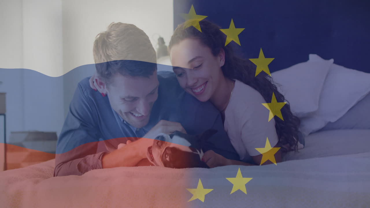 couple petting dog in bed, showing EU stars and Russia stripes overlay, supporting tech marketing