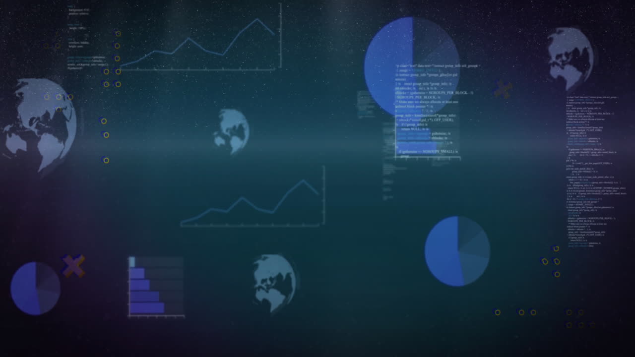 Animation of digital data processing over globes on dark background