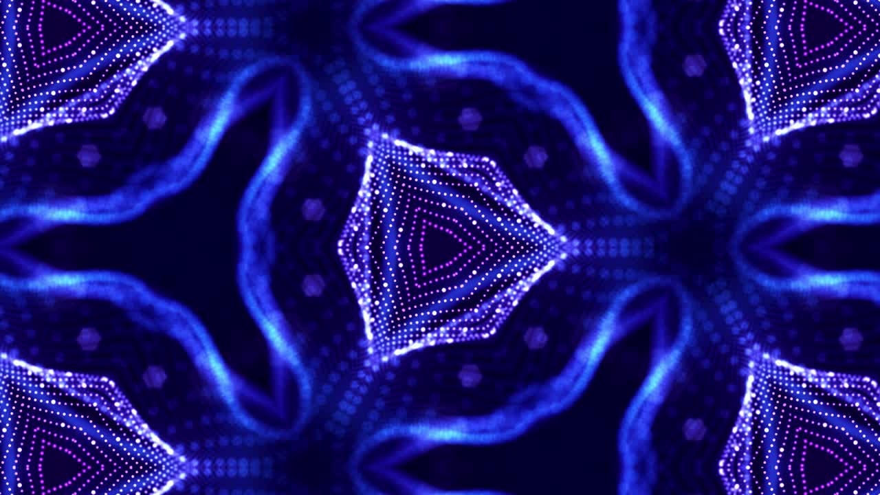tema abstracto del microworld de la nanotecnología. 4k en bucle de ciencia ficción 3d fondo con partículas azules brillantes forman líneas, superficies, estructuras simétricas complejas como en el caleidoscopio. 10