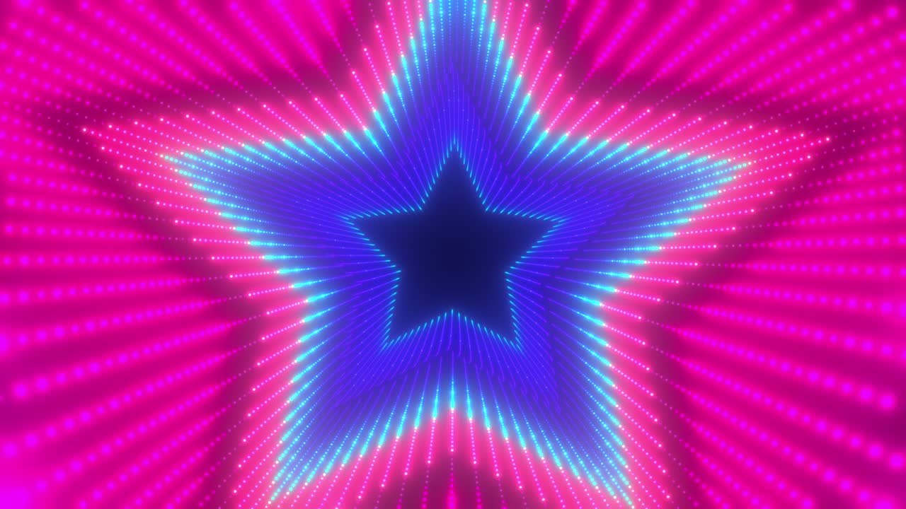 Tunnel rotante infinito e colorato di luci al neon scintillanti. Le stelle formano settori del tunnel. Animazione cyber astratta e colorata. Video geometrico infinito in stile retro disco. Ripetibile 4K UHD