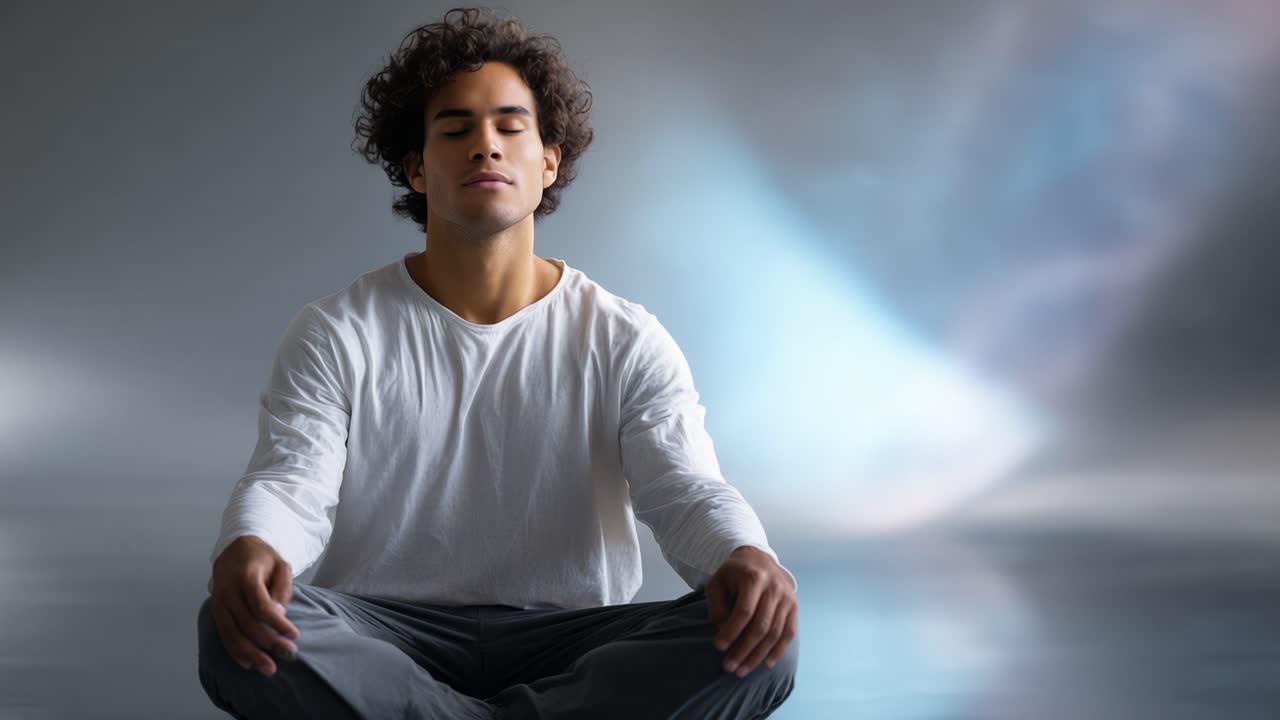 Un momento sereno de atención plena: un joven meditando en un entorno tranquilo con una expresión serena y un fondo suavemente resplandeciente para la reflexión sobre la paz interior.