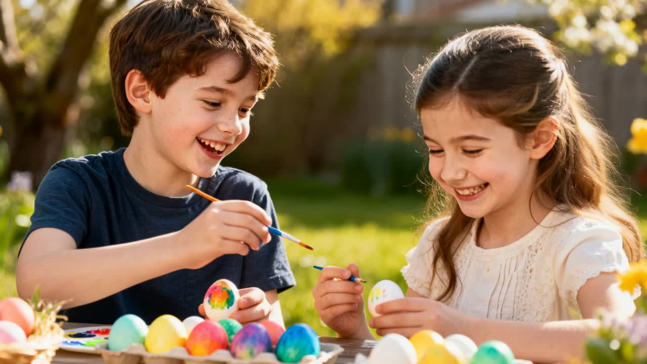 筆を浸し、紺と白の服を着た二人の子供が、休日のために裏庭で卵に絵を描いている。