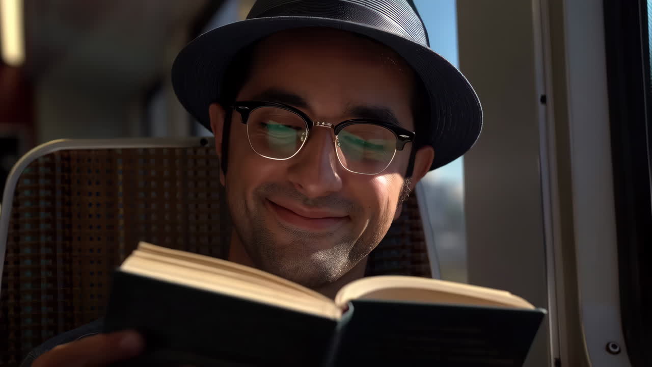 Man Smiling While Reading a Book on a Train