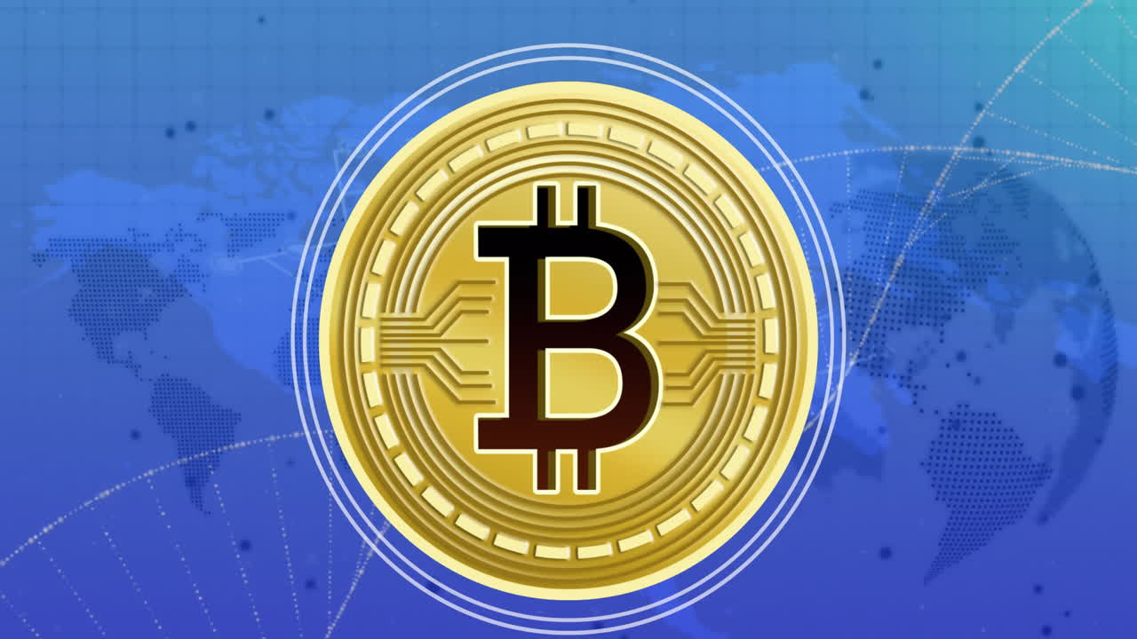 animación de bitcoin sobre el mapa del mundo, estructura de adn giratoria y globo contra fondo azul