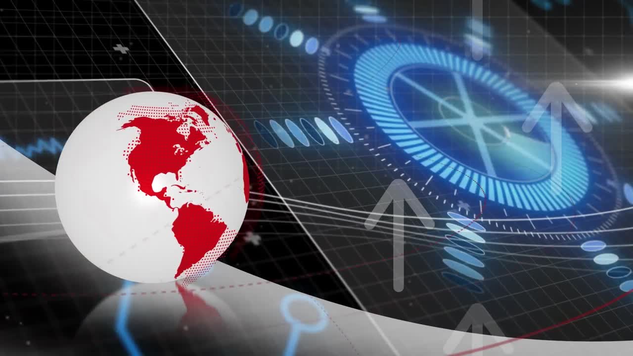 위로 이동하는 화살표의 애니메이션과 회전하는 원과 지구와 함께 그래픽 인포그래픽 인터페이스