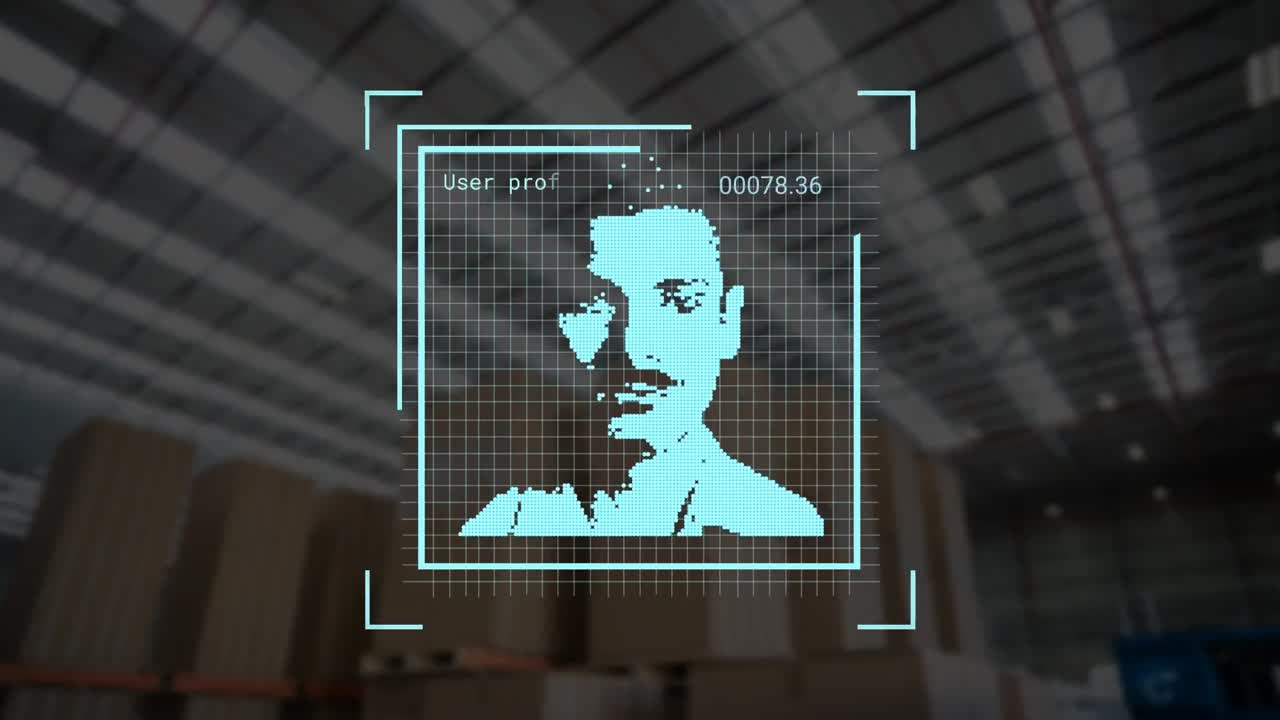 Animation of identity people icon over warehouse