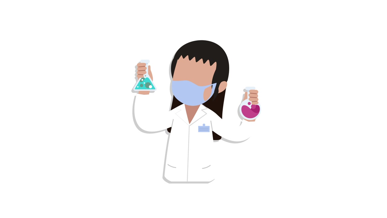 Científica animada con mascarilla sosteniendo matraces de laboratorio