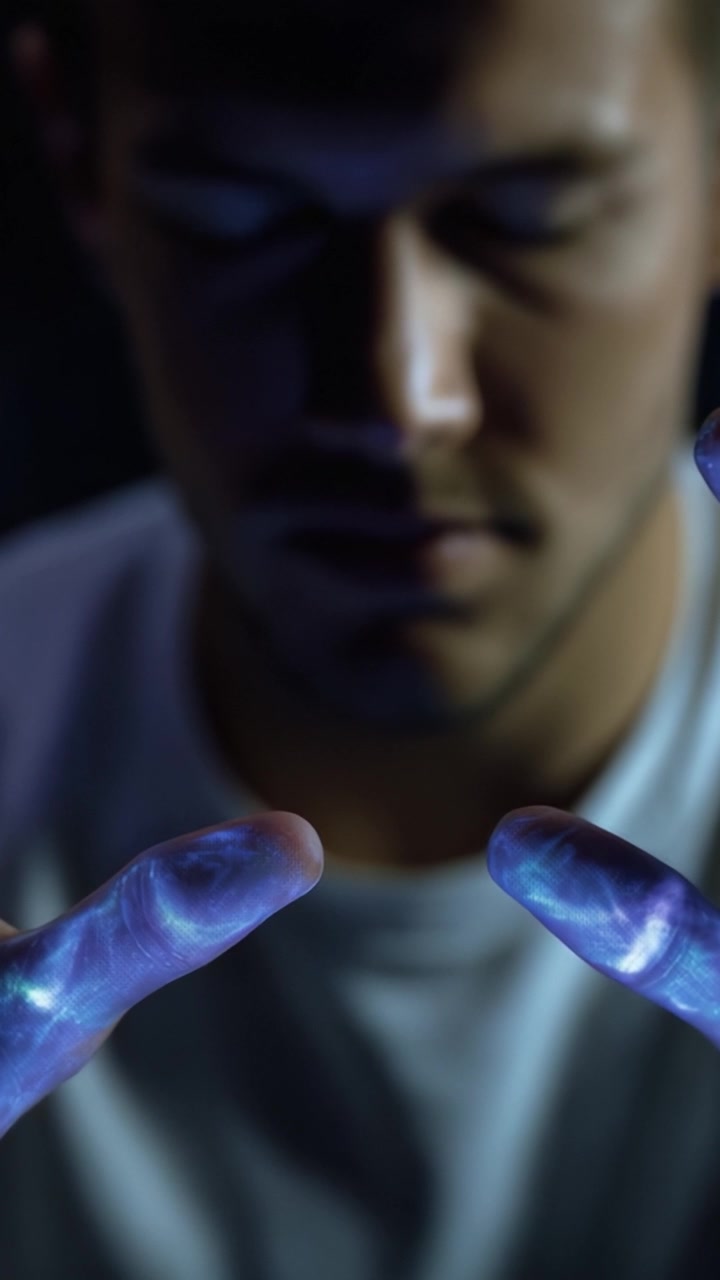 A close-up shot of a man with glowing hands, displaying a sense of concentration and mystical energy as he performs a captivating display of light and motion.