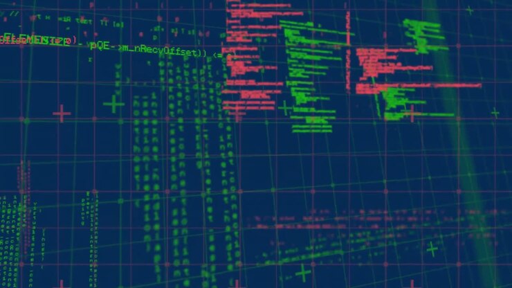 Animation of data processing over grid on blue background