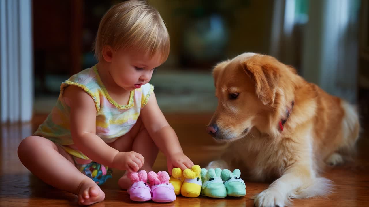 A Cute Toddler Interacts with a Playful Golden Retriever and Colorful Shoes, Showcasing a Heartwarming Moment of Friendship and Joy in a Cozy Home Environment