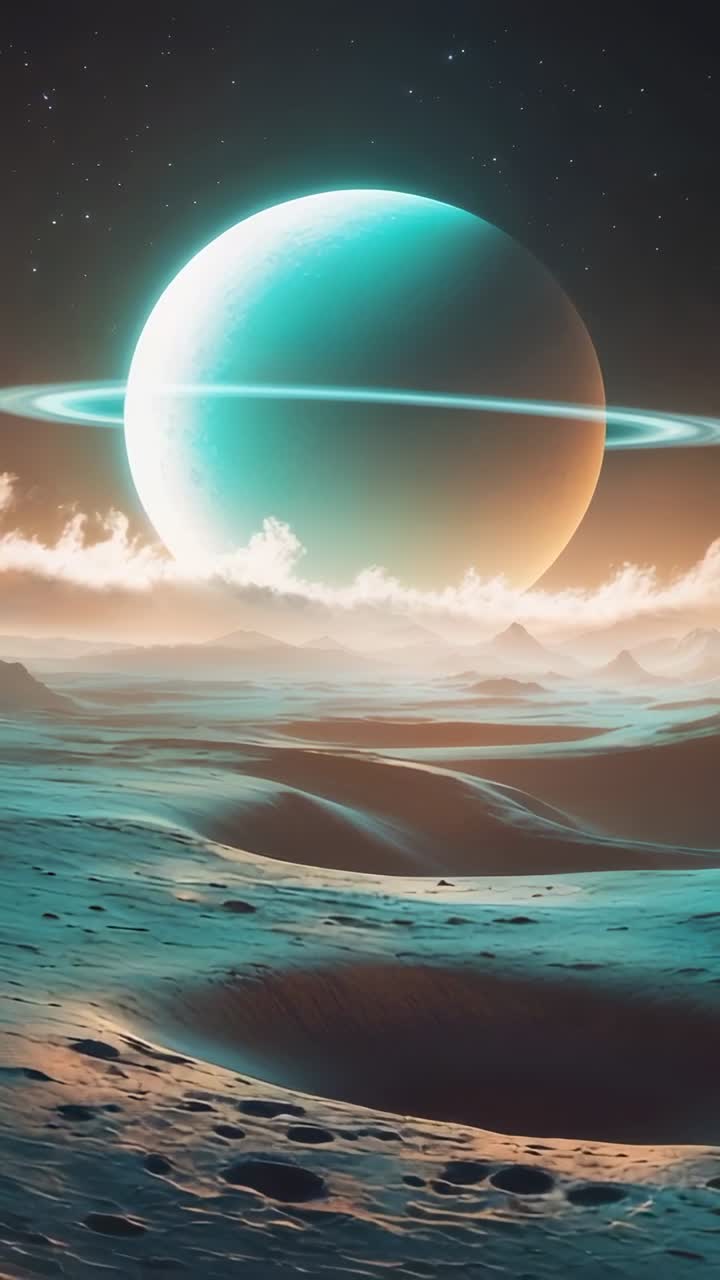 Vertical video: Tilting camera pulling back over craters under starry sky, revealing ringed planet