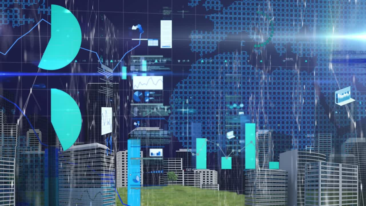 Animation of data processing and cityscape over world map on blue background
