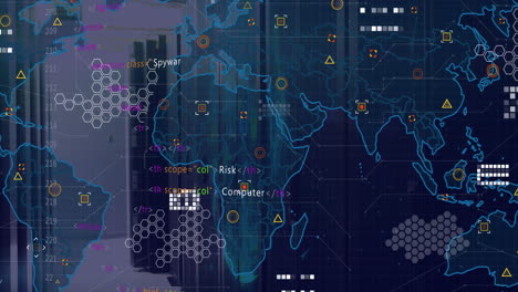 animación del procesamiento de datos y el mapa del mundo sobre la sala del servidor