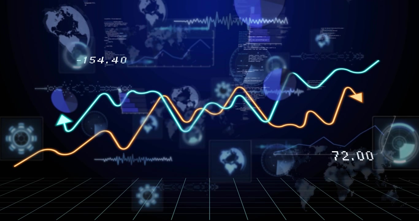Two colored trend lines moving across black grid on data update, showing comparative analytics