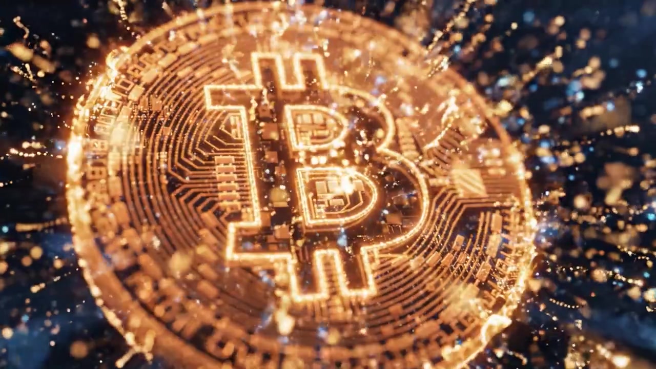 Trasformazione visivamente sbalorditiva: un viaggio digitale dall'energia scintillante ai simboli iconici della criptovaluta Bitcoin che rappresentano innovazione e finanza futura.