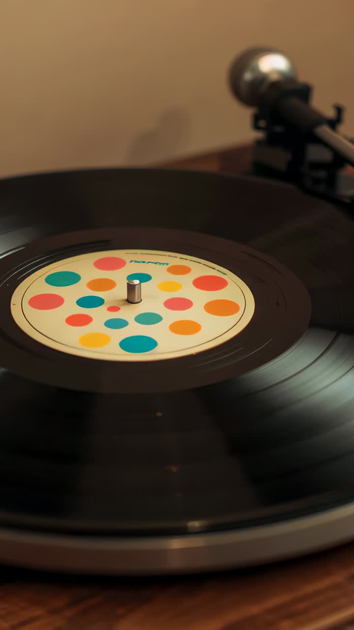 Vertical video: Starting motor spinning black record with spindle on shelf, showing polka dots