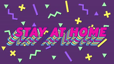 animation of colourful text stay at home on purple background