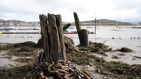 viejo muelle abandonado podrido naufragio de madera en la costa del puerto de conwy