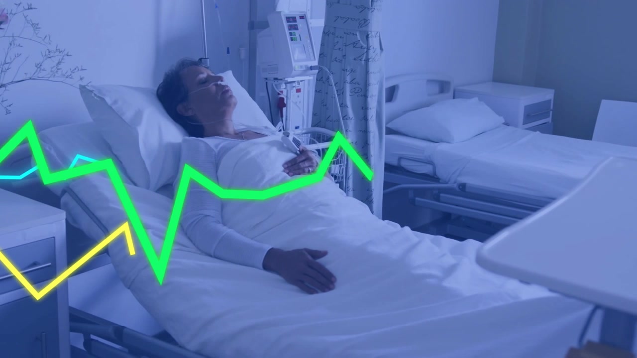 Žena ležící na nemocničním lůžku přijímá infuzi, s animovanou křivkou EKG monitorující její zdravotní stav.