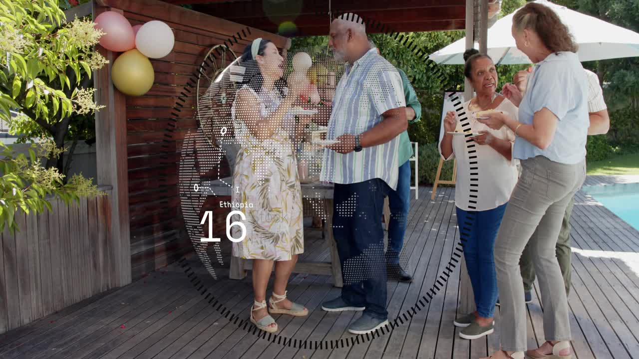Woman serving cake, guests sampling, animated overlay changing numbers obscuring group at party