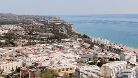 Wide-northfacing-aerial-of-coastline-showing-central-Marbella-Spain