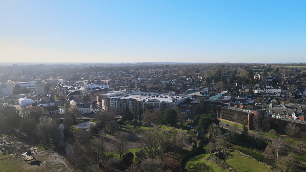 Bishop Stortford town centre and castle Hertfordshire UK Aerial rising drone 4k